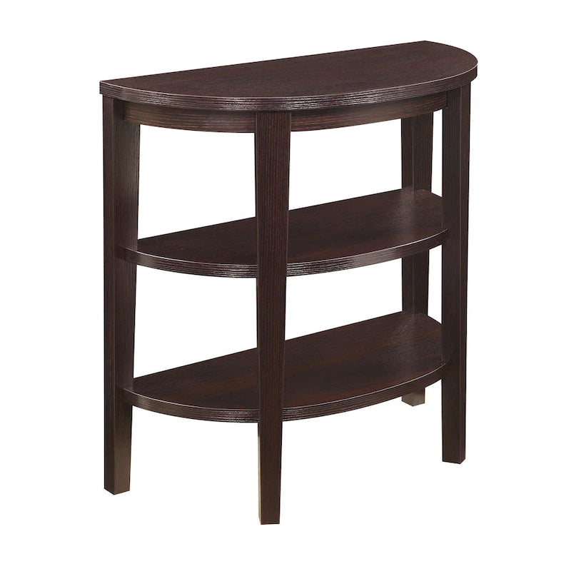 Tavolo console a semicerchio color espresso/mogano con ripiani a 3 livelli, montaggio unico