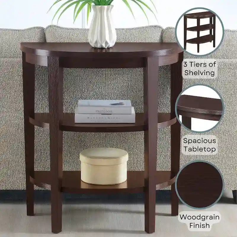 Tavolo console a semicerchio color espresso/mogano con ripiani a 3 livelli, montaggio unico