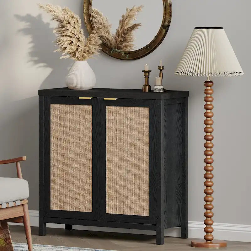 Madia Credenza a 2 ante in Rattan beige / quercia / nero