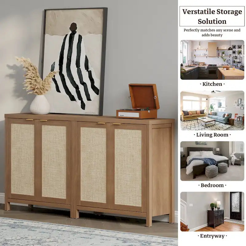 Madia Credenza a 2 ante in Rattan beige / quercia / nero