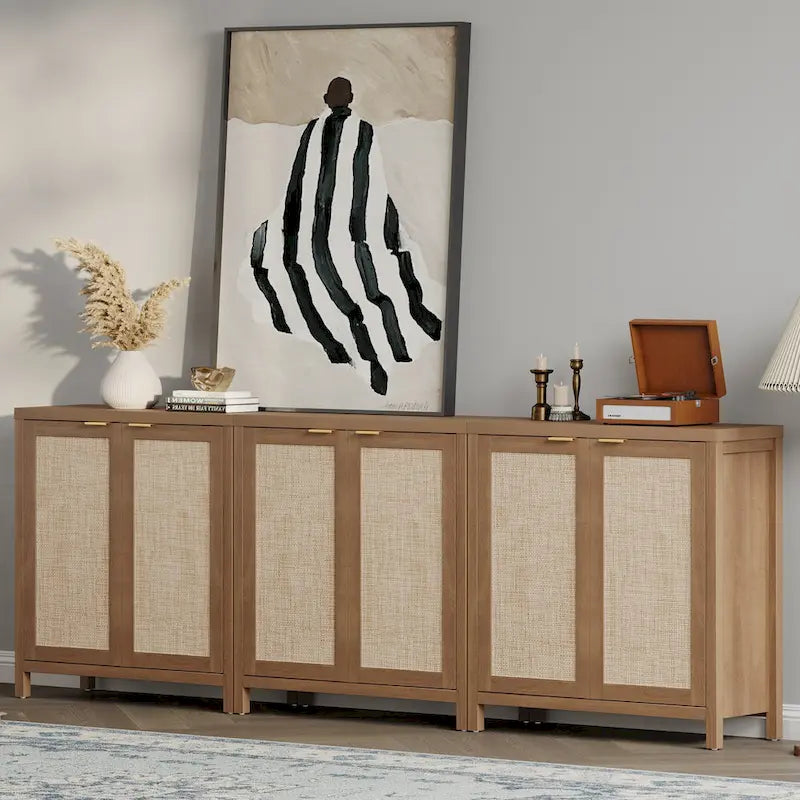 Madia Credenza a 2 ante in Rattan beige / quercia / nero