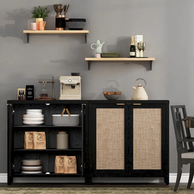 Madia Credenza a 2 ante in Rattan beige / quercia / nero