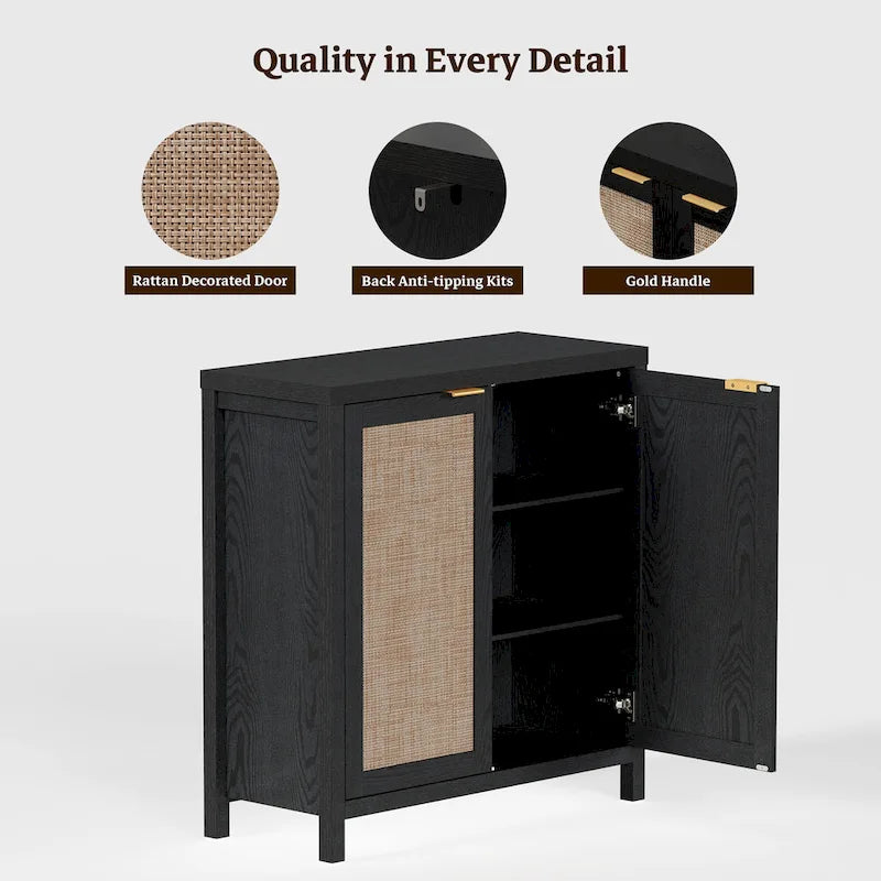 Madia Credenza a 2 ante in Rattan beige / quercia / nero