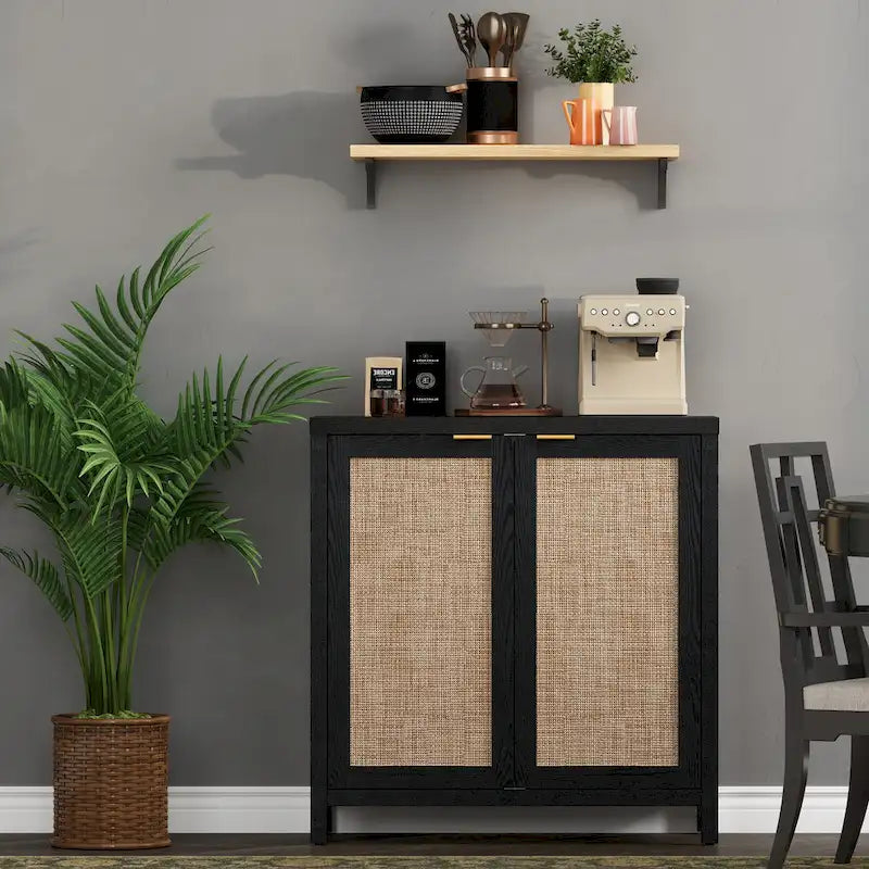 Madia Credenza a 2 ante in Rattan beige / quercia / nero