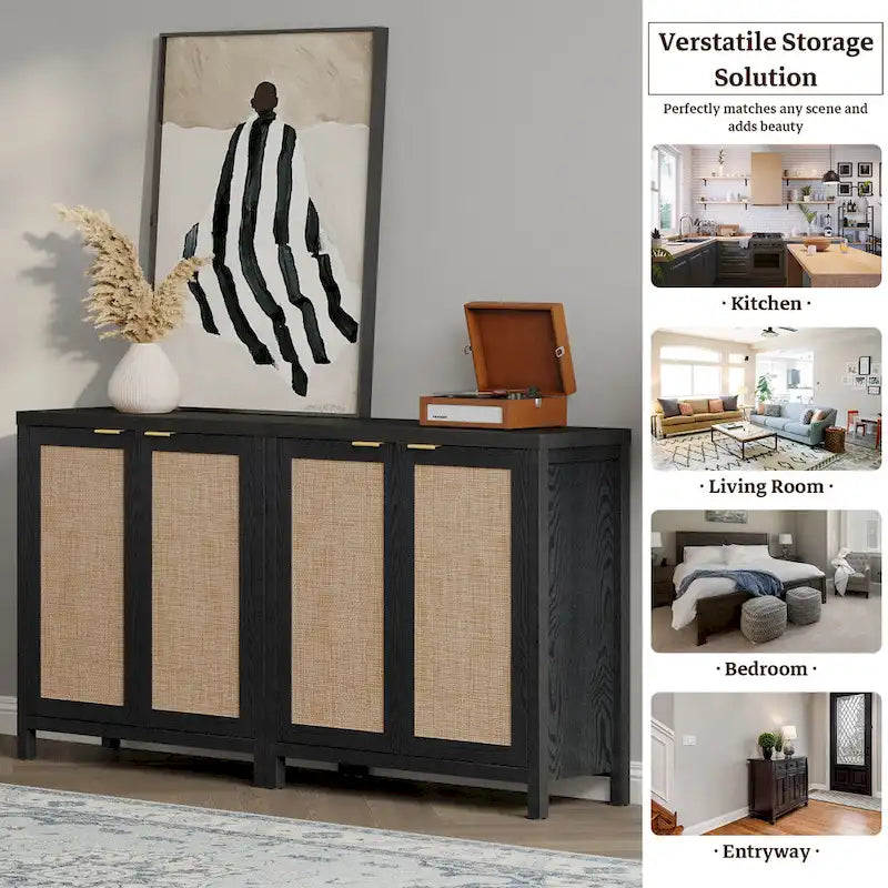 Madia Credenza a 2 ante in Rattan beige / quercia / nero