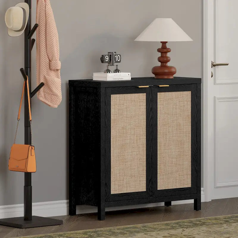 Madia Credenza a 2 ante in Rattan beige / quercia / nero