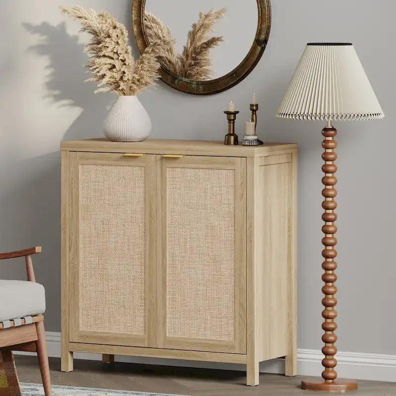 Madia Credenza a 2 ante in Rattan beige / quercia / nero