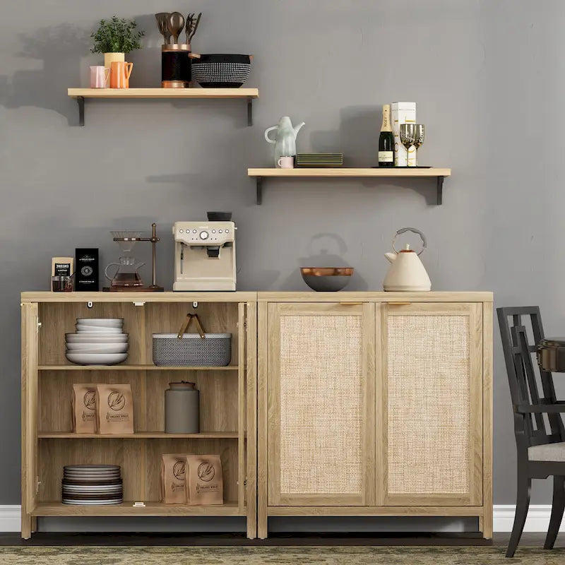 Madia Credenza a 2 ante in Rattan beige / quercia / nero
