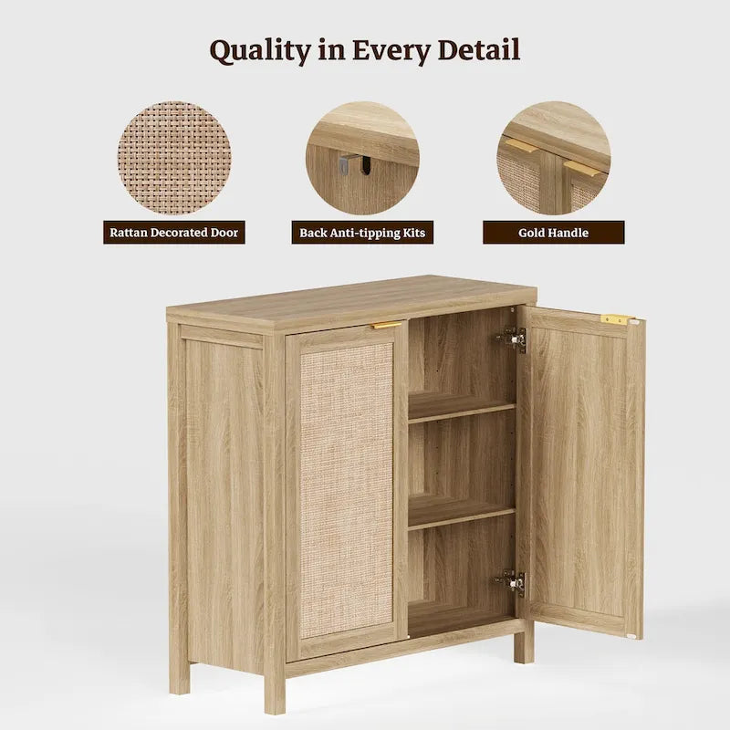 Madia Credenza a 2 ante in Rattan beige / quercia / nero