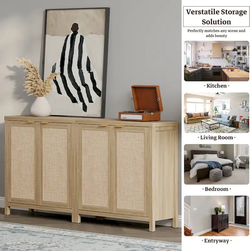 Madia Credenza a 2 ante in Rattan beige / quercia / nero