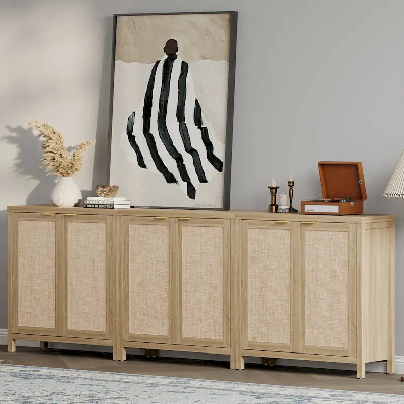 Madia Credenza a 2 ante in Rattan beige / quercia / nero