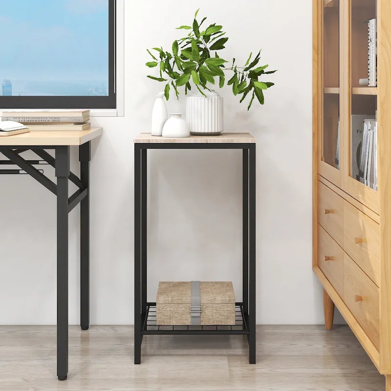 Tavolino d'appoggio/laterale a 2 ripiani marrone/rovere con struttura in metallo, singolo