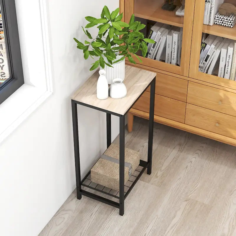 Tavolino d'appoggio/laterale a 2 ripiani marrone/rovere con struttura in metallo, singolo