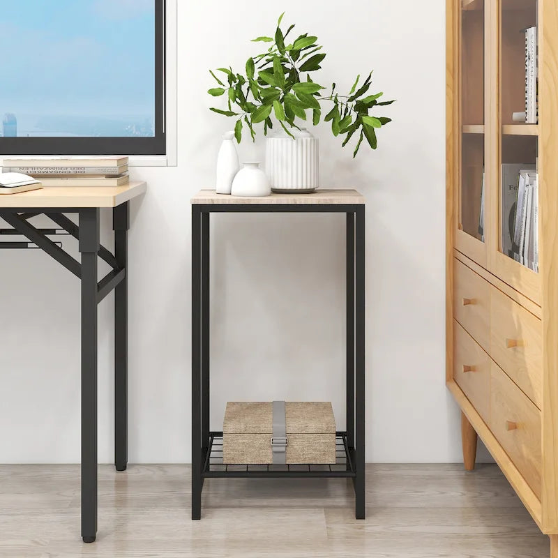 Tavolino d'appoggio/laterale a 2 ripiani marrone/rovere con struttura in metallo, singolo