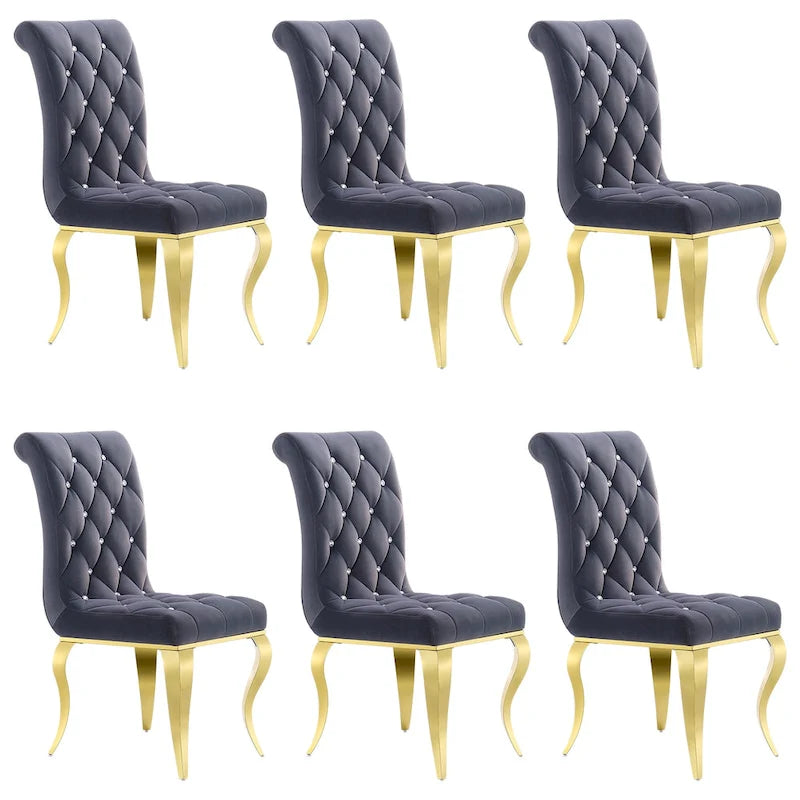 Sedia da pranzo trapuntata in velluto grigio con gambe in metallo dorato, set da 1