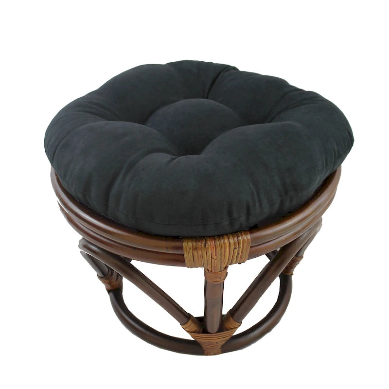 Poggiapiedi rotondo in rattan multicolore con cuscino trapuntato in microfibra, singolo