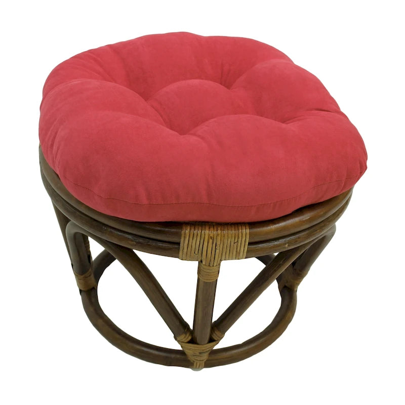 Poggiapiedi rotondo in rattan multicolore con cuscino trapuntato in microfibra, singolo