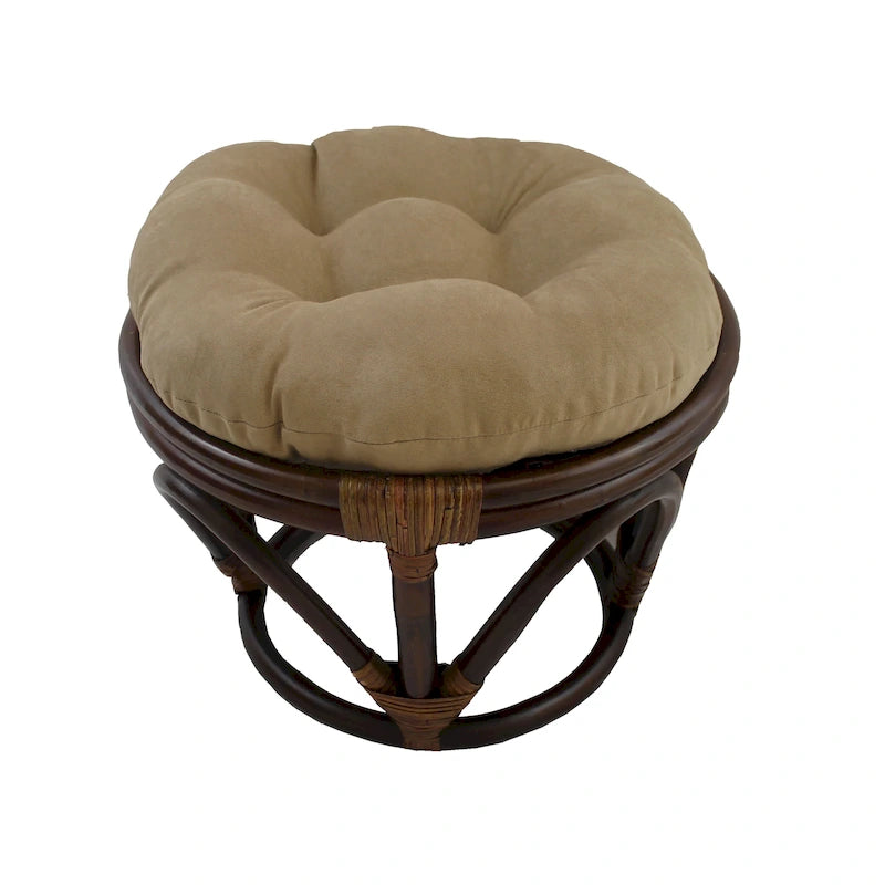 Poggiapiedi rotondo in rattan multicolore con cuscino trapuntato in microfibra, singolo