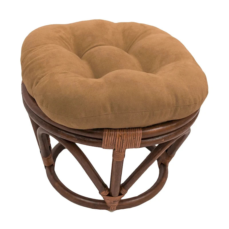 Poggiapiedi rotondo in rattan multicolore con cuscino trapuntato in microfibra, singolo