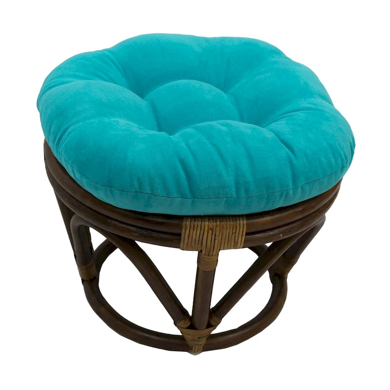 Poggiapiedi rotondo in rattan multicolore con cuscino trapuntato in microfibra, singolo