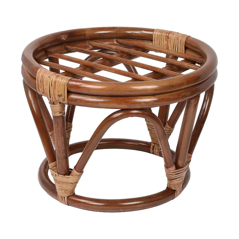 Poggiapiedi rotondo in rattan multicolore con cuscino trapuntato in microfibra, singolo