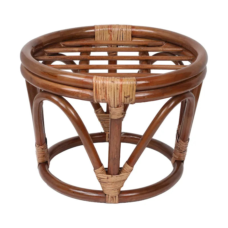 Poggiapiedi rotondo in rattan multicolore con cuscino trapuntato in microfibra, singolo