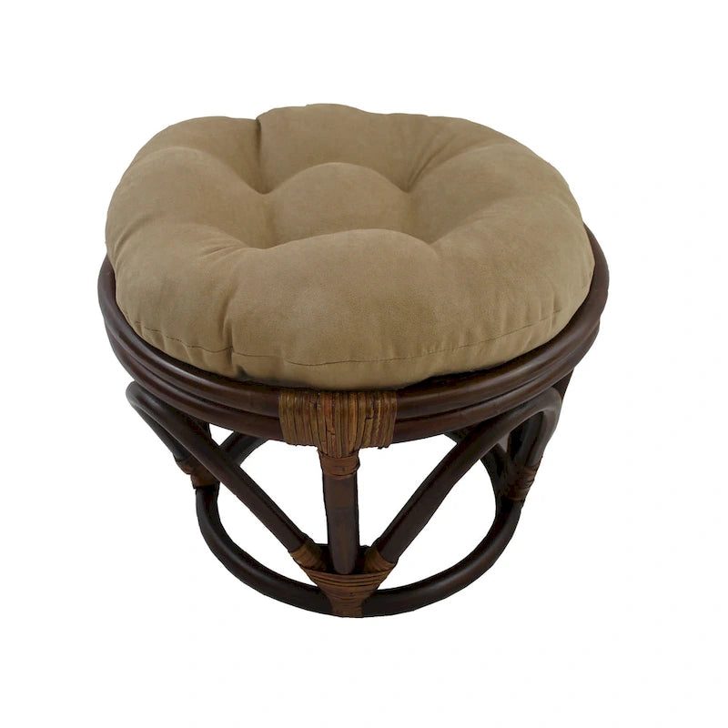 Poggiapiedi rotondo in rattan multicolore con cuscino trapuntato in microfibra, singolo