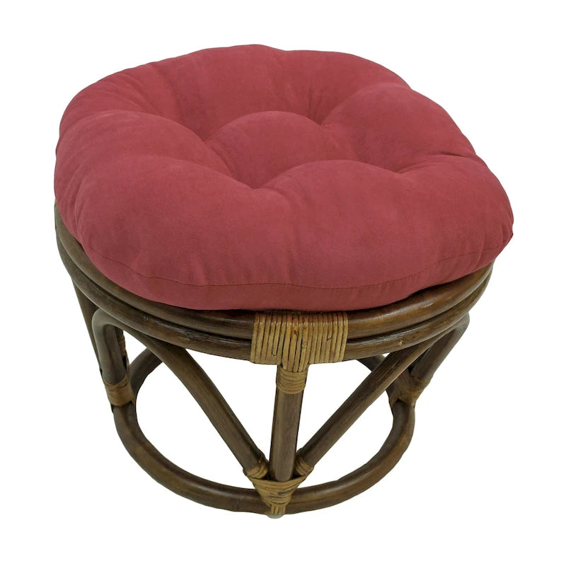 Poggiapiedi rotondo in rattan multicolore con cuscino trapuntato in microfibra, singolo