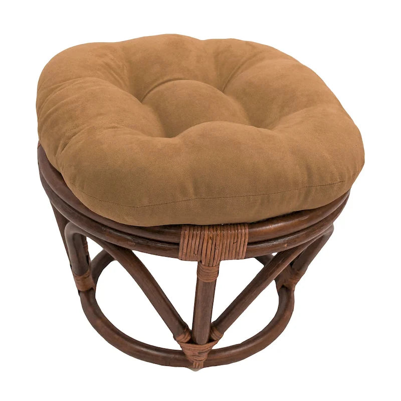 Poggiapiedi rotondo in rattan multicolore con cuscino trapuntato in microfibra, singolo