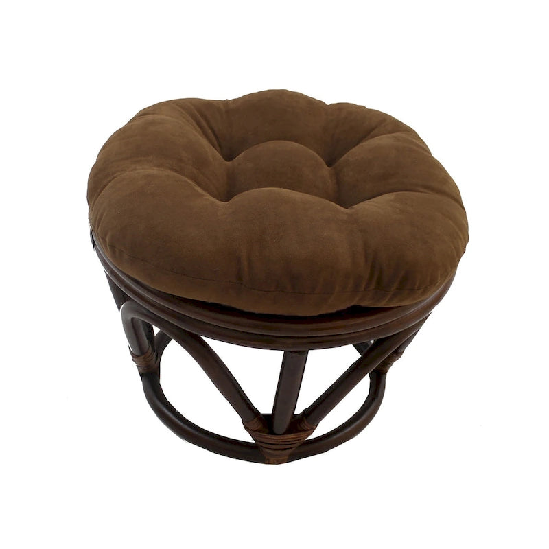 Poggiapiedi rotondo in rattan multicolore con cuscino trapuntato in microfibra, singolo