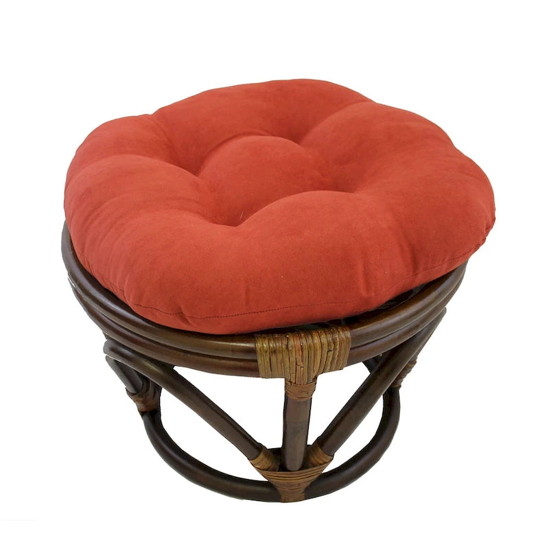Poggiapiedi rotondo in rattan multicolore con cuscino trapuntato in microfibra, singolo