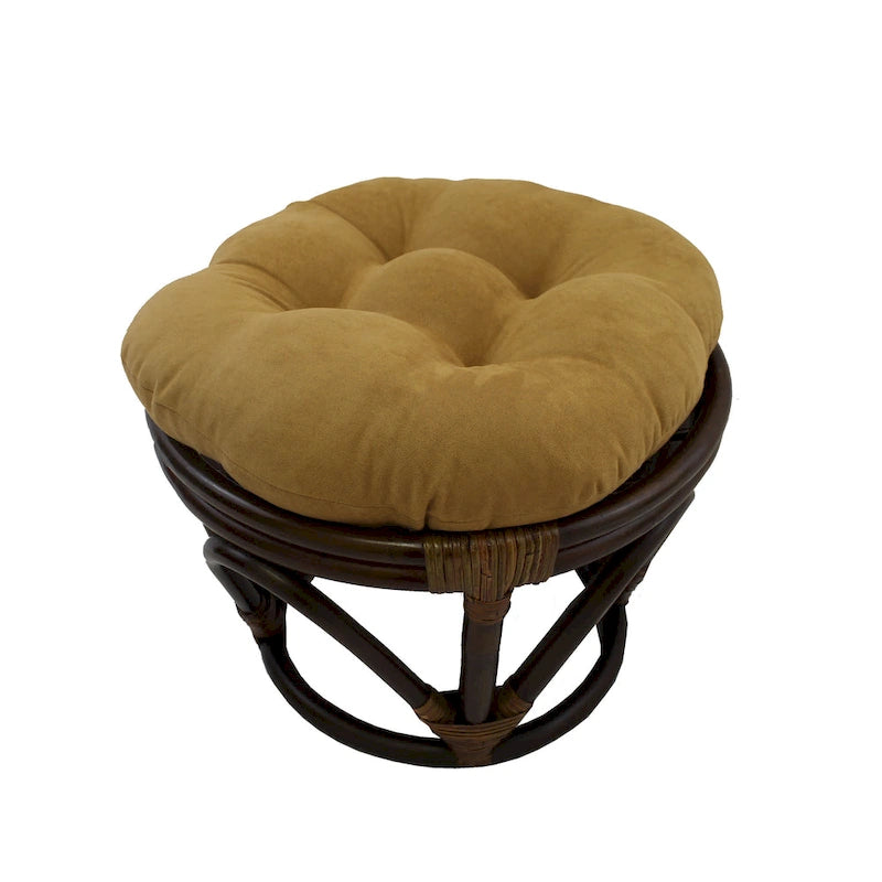 Poggiapiedi rotondo in rattan multicolore con cuscino trapuntato in microfibra, singolo