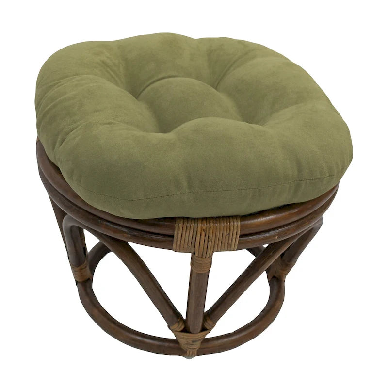 Poggiapiedi rotondo in rattan multicolore con cuscino trapuntato in microfibra, singolo