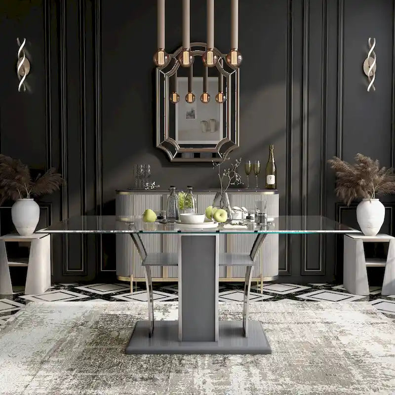 Tavolo da pranzo moderno in vetro grigio / nero / bianco, 4-6 posti