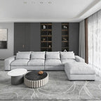 Divano sezionale modulare grigio chiaro/blu scuro con pouf, 5 posti a sedere