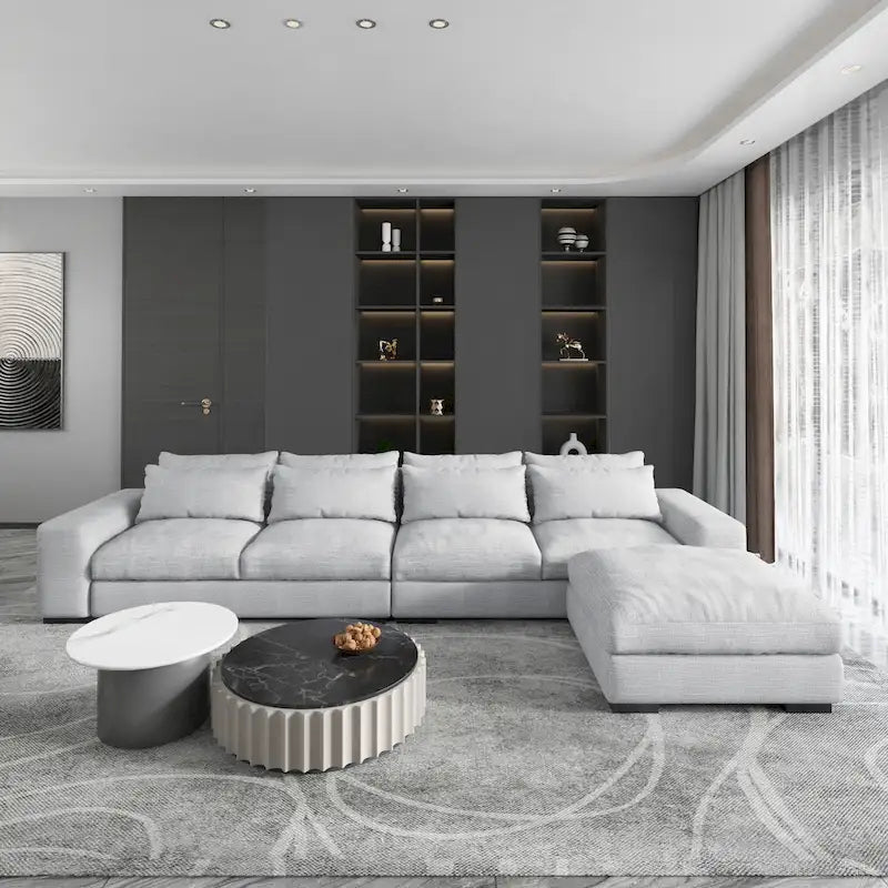 Divano sezionale modulare grigio chiaro/blu scuro con pouf, 5 posti a sedere