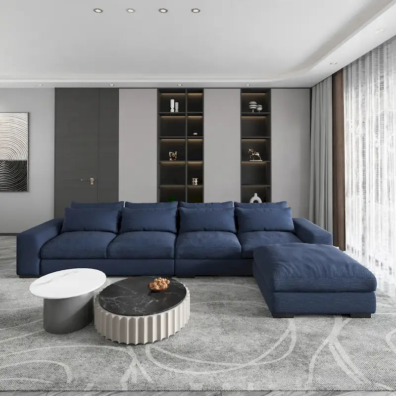 Divano sezionale modulare grigio chiaro/blu scuro con pouf, 5 posti a sedere