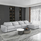Divano sezionale modulare grigio chiaro/blu scuro con pouf, 5 posti a sedere