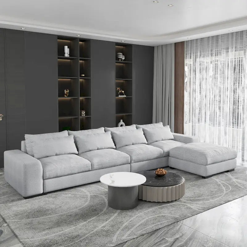 Divano sezionale modulare grigio chiaro/blu scuro con pouf, 5 posti a sedere