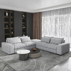 Divano sezionale modulare grigio chiaro/blu scuro con pouf, 5 posti a sedere