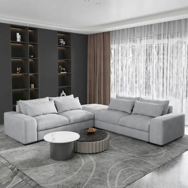 Divano sezionale modulare grigio chiaro/blu scuro con pouf, 5 posti a sedere