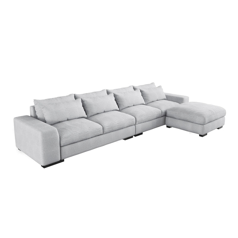 Divano sezionale modulare grigio chiaro/blu scuro con pouf, 5 posti a sedere