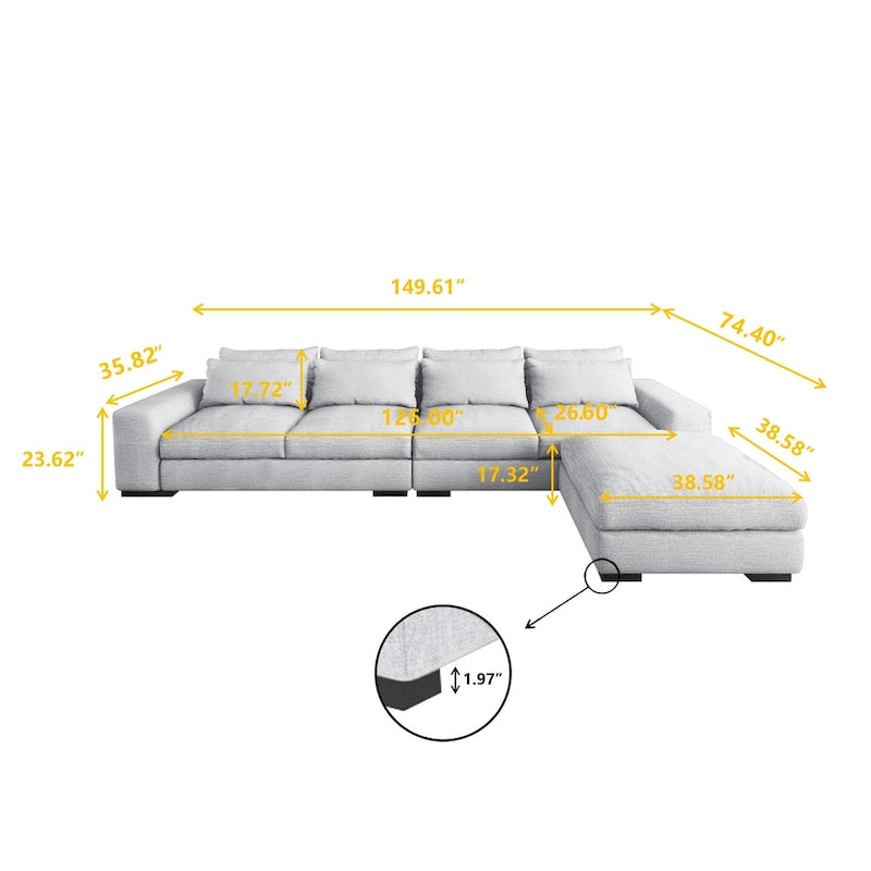Divano sezionale modulare grigio chiaro/blu scuro con pouf, 5 posti a sedere