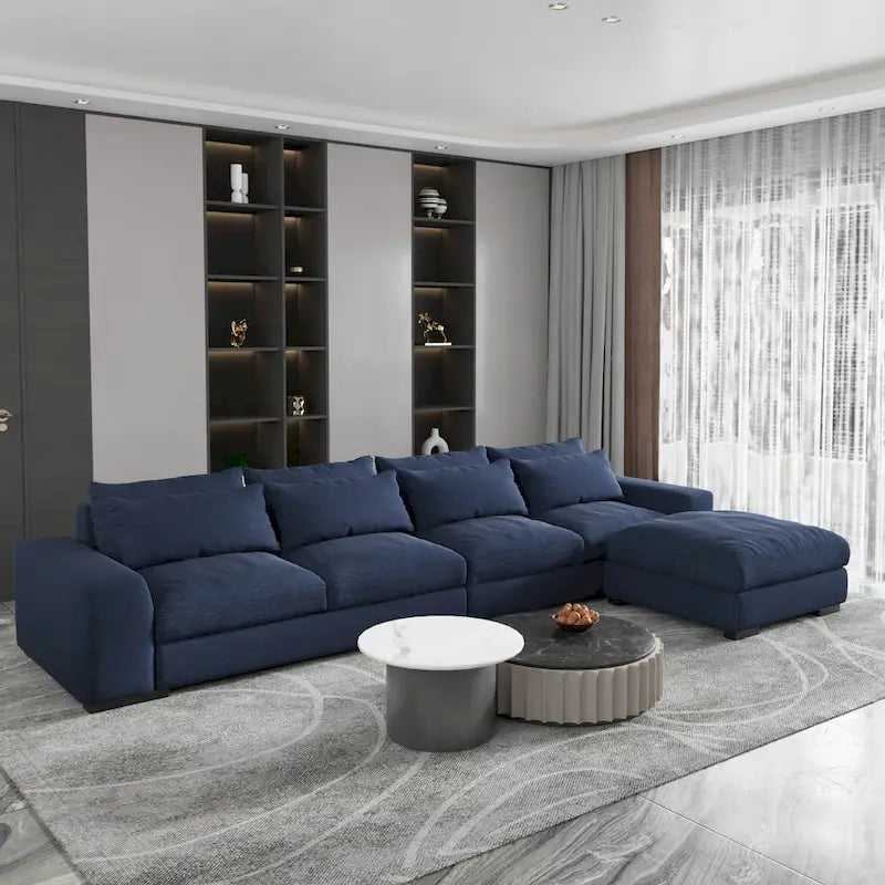 Divano sezionale modulare grigio chiaro/blu scuro con pouf, 5 posti a sedere