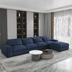 Divano sezionale modulare grigio chiaro/blu scuro con pouf, 5 posti a sedere