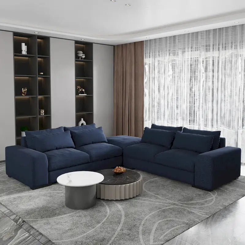 Divano sezionale modulare grigio chiaro/blu scuro con pouf, 5 posti a sedere