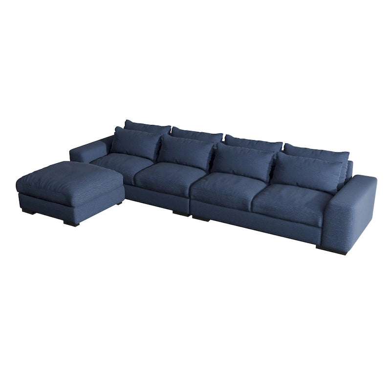 Divano sezionale modulare grigio chiaro/blu scuro con pouf, 5 posti a sedere