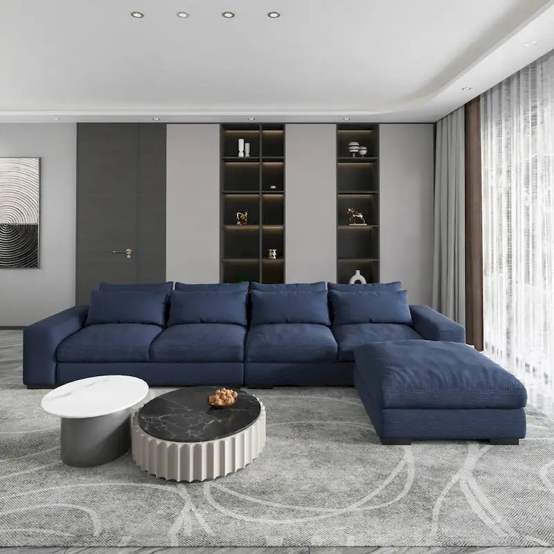 Divano sezionale modulare grigio chiaro/blu scuro con pouf, 5 posti a sedere