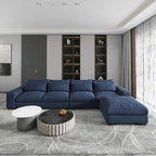Divano sezionale modulare grigio chiaro/blu scuro con pouf, 5 posti a sedere