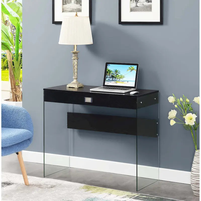 Scrivania moderna multicolore con lato in vetro e cassetto, singola